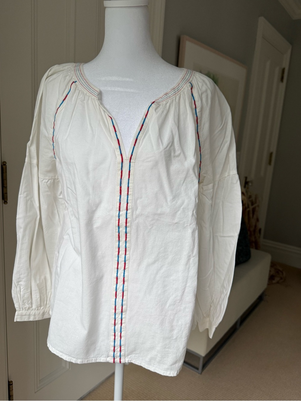 GAP Off-White Peasant Blouse with Red & Blue Embroidery